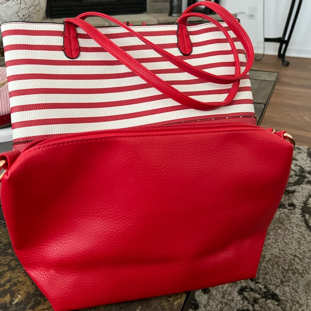 Red Pin Stripe Heels With Matching 2 In 1 Purse - image 5